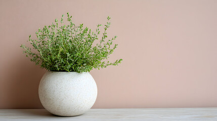 Fototapeta premium Serene thyme plant in a round, speckled pot against a muted pink background. Perfect for home decor, wellness, or minimalist themes.