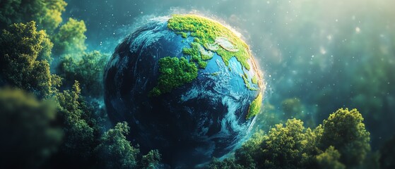 Fototapeta premium World environment concept with a vibrant globe surrounded by forests, clean air, and green technologies, Earth Day theme, generative AI, ecofriendly and sustainable