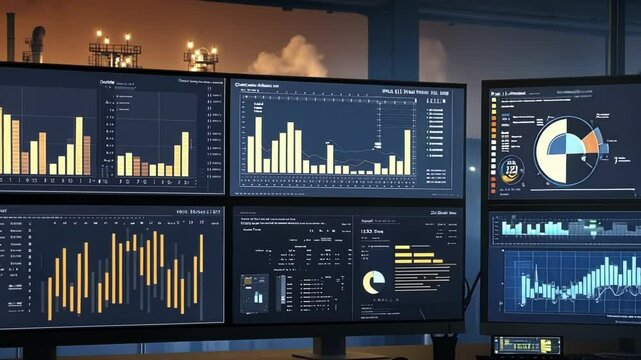 Data visualization screens monitoring industrial plant performance with illuminated refinery backdrop during dusk, displaying real time charts and key metrics