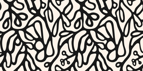 Vector abstract seamless pattern with organic shapes, botanical elements, cellular structures, liquid lines. Simple monochrome background texture. Black and white ornament in boho style. Repeat design