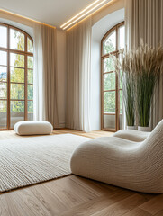 Cozy modern living room featuring large windows and stylish furnishings in natural colors