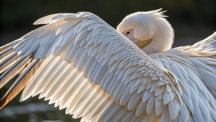 Fototapeta premium A Great White Bird Preening its Magnificent Wings in the Golden Hour Light