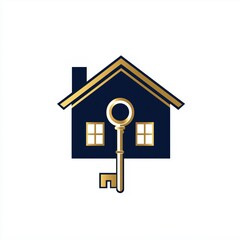 Real estate logo with house silhouette and key symbol in navy blue and gold