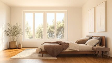 Cozy bedroom with large windows and natural decor in a sunlit space