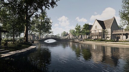 Obraz premium Tranquil Canal-Side Village: Serene Architectural Scene