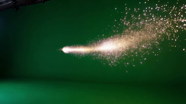 Firework fuse burning and emitting bright glowing sparks against green screen background, providing dynamic visual effects and motion graphics element for creative projects