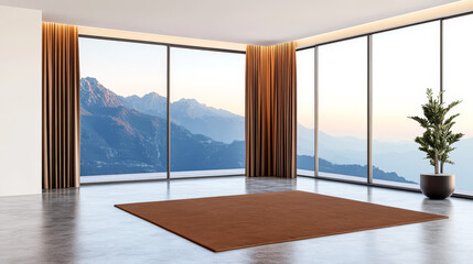 Fototapeta premium Modern interior design showcasing a spacious room with mountain view and warm sunset lighting