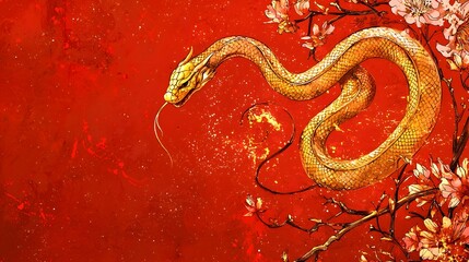 Obraz premium Elegant Golden Snake Zodiac Design with Floral Details on Red Background