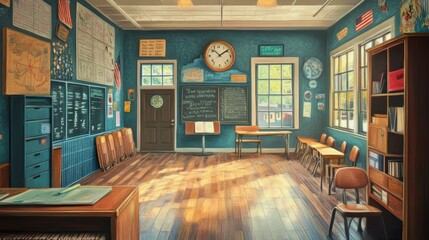 Bright and inviting classroom space with wooden floors and educational materials on display