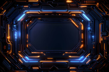 Obraz premium Futuristic technology background, glowing neon orange and blue circuit board, abstract digital design, dark metallic frame, blank space for text or logo.