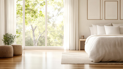 Fototapeta premium Bright bedroom with large windows minimalist decor and plenty of natural sunlight