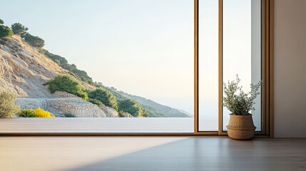 Expansive view of nature through modern architecture at sunset in serene landscape