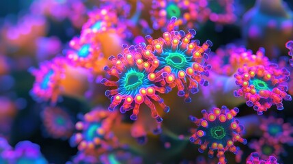 Fototapeta premium Close-up of a germ cluster in vibrant neon, [germ, microbiology, digital art], [psychedelic, hyper-detailed, glowing colors]