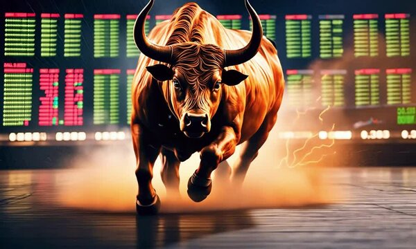 A fiery, raging bull charging through a trading floor filled with glowing stock charts, candlestick patterns, and graphs. bull&rsquo;s horns glow, bullish market trends, 4k Animation Video