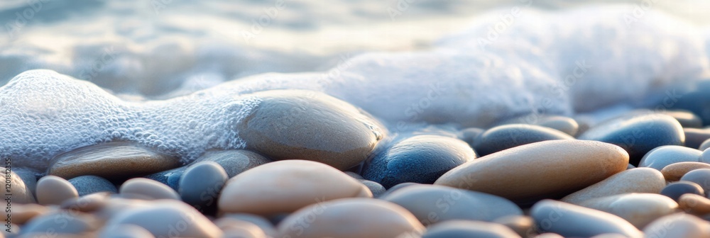 Aufkleber close up of smooth beach pebbles as gentle waves wash over them in a serene seaside location at suns