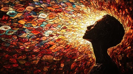 The stained glass masterpiece features a striking dark figure set against a backdrop of luminous, swirling patterns in an array of vibrant colors, beautifully illuminated from within