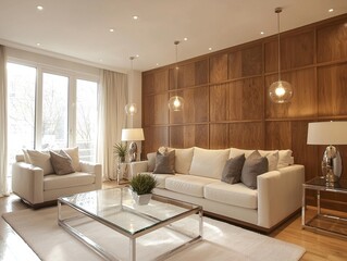 Minimalist interior design of residential living room with brown wood paneled walls and sofa and lighting. Generative AI
