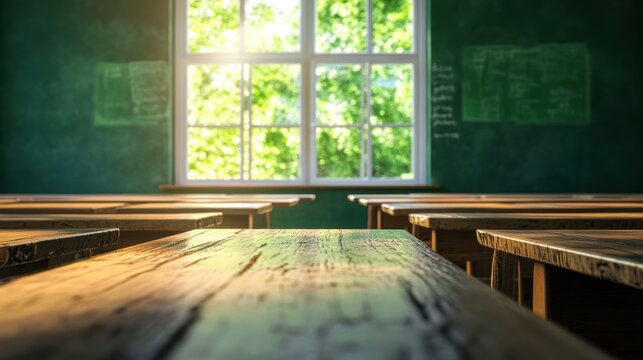 Sunlight streaming through a classroom window highlighting wooden desks in a serene learning environment