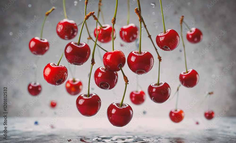 Poster a bunch of cherries hanging from a tree branch. the cherries are red and appear to be dripping water