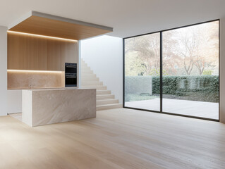 Obraz premium Modern kitchen interior with large windows and minimalist design in bright atmosphere