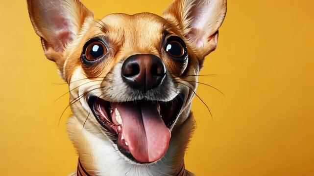 Happy chihuahua smiling on yellow background