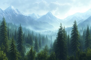 Fototapeta premium Misty Tall Pine Forest Landscape
