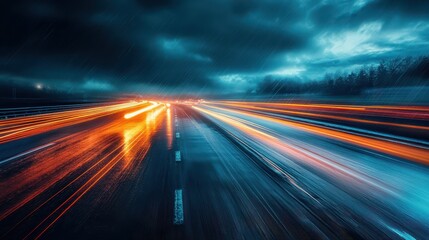 Obraz premium Dynamic highways illuminated by vibrant light trails during a stormy evening with dark clouds and blurred motion effect creating an energetic atmosphere