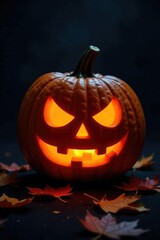 Carved pumpkin with eerie glow on dark background, autumn, pumpkin, dark