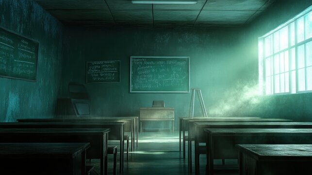 Empty classroom with sunlight streaming through window creating a serene and reflective atmosphere