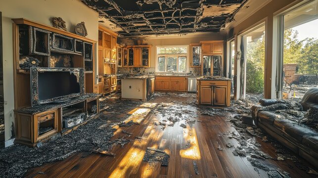 The aftermath of a devastating fire is evident in this contemporary open-plan living room and kitchen. Charred furniture and scorched walls tell a harrowing story of destruction and loss