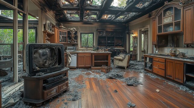 Open-plan living room and kitchen showcasing the aftermath of a fire with charred debris and damaged furnishings, revealing the effects of smoke and destruction in a once inviting space