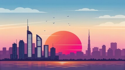Obraz premium Urban Skyline at Sunset A Vibrant Cityscape Illustration