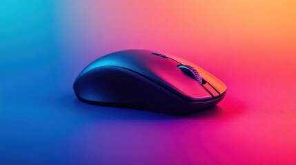 A sleek wireless black mouse rests on a vivid solid background featuring striking shades of blue and orange, perfectly complementing a contemporary workspace atmosphere