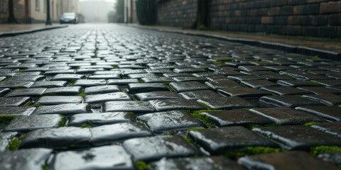 Fototapeta premium A wet cobblestone street with green moss growing between the stones. The perspective is from a low angle, giving a sense of depth and texture.