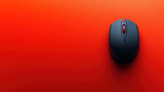 Black wireless mouse rests on a vibrant orange surface, showcasing modern design and minimalistic aesthetics ideal for tech enthusiasts and office setups at any time of day