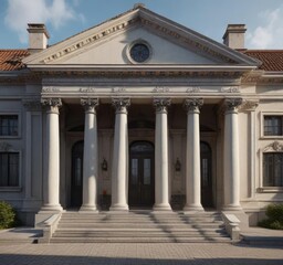 Naklejka premium Classical-inspired facade featuring a central portico, ornate details, portico, cornice