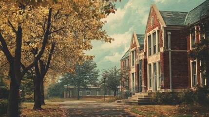 Historic buildings on a quiet street with autumn foliage in a small town setting during early afternoon