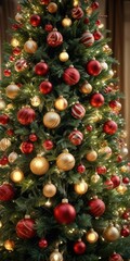Close-up of a beautifully decorated Christmas tree with vibrant baubles and glowing lights, December, festive mood, ornament