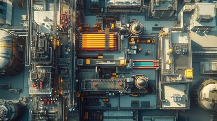 Fototapeta premium Aerial view of an industrial pencil production line with colorful pencils.