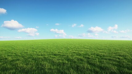 Fototapeta premium An expansive grassy plain stretching into the distance under a blue sky.