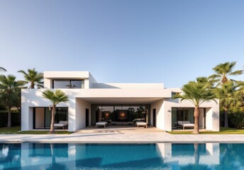 Fototapeta premium Exterior of amazing modern minimalist cubic villa with large swimming pool among palm trees