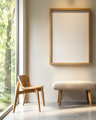 Modern interior design featuring minimalistic wooden chair and empty frame by a large window