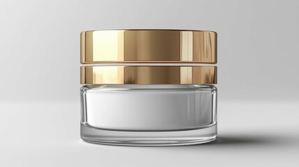 A sleek, modern skincare jar with a gold lid and clear glass base, showcasing a luxurious cream texture, designed for cosmetic appeal.