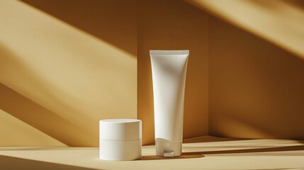 A serene arrangement of minimalist skincare products, including a jar and a tube, showcased against a warm beige background. Ideal for a beauty promotion.