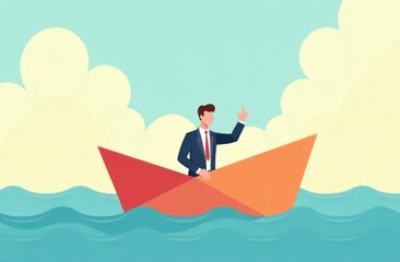 Business leadership  concept with man in paper boat followed by others. Symbol of leader, success, growth