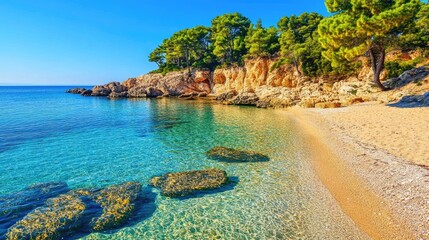 Fototapeta premium A beach with crystal-clear water lapping against smooth, colorful stones.