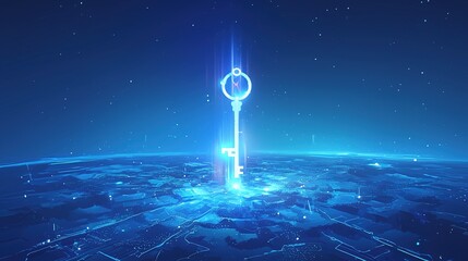 Glowing key emerging from digital earth, symbolizing global access or solution.