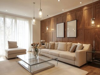 Fototapeta premium Minimalist, a modern Scandinavian interior design in a living room with a wood finish to parts of the wall and sofa and table. Generative AI 