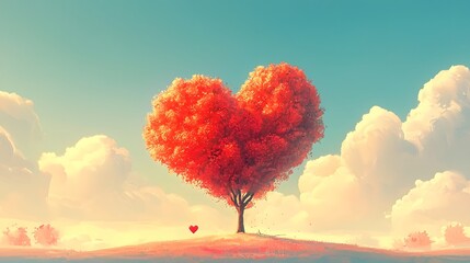 Fototapeta premium A Romantic Red Heart-Shaped Tree in a Vibrant Landscape with Soft Clouds in a Blue Sky