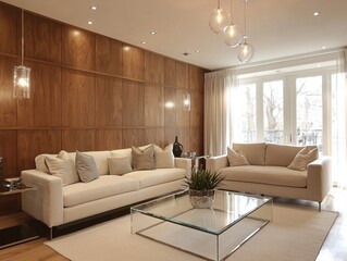 Minimalist, a modern Scandinavian interior design in a living room with a wood finish to parts of the wall and sofa and table. Generative AI
